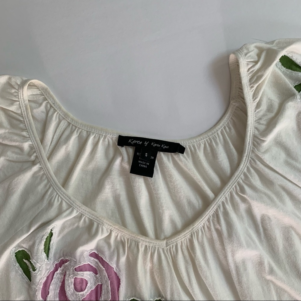Karen Kane white cotton V neck blouson top purple laser cut flowers puff sleeves - Picture 11 of 15